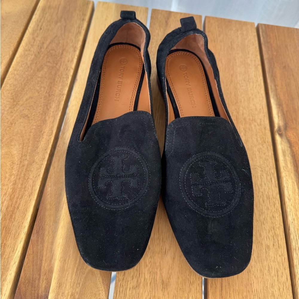 Tory Burch Black Suede Reva Logo Loafers Flats Size 7.5